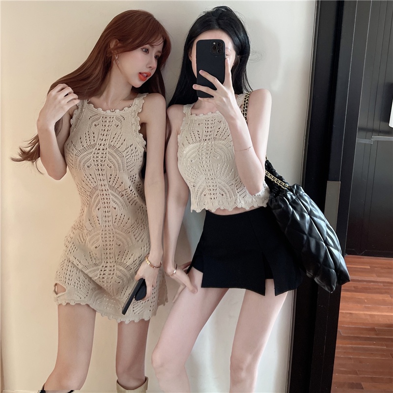 Red Rasa desain berongga bagian tipis rajutan suspender dress perempuan musim panas hot gadis ramping tanpa lengan bottoming bag hip rok pendek