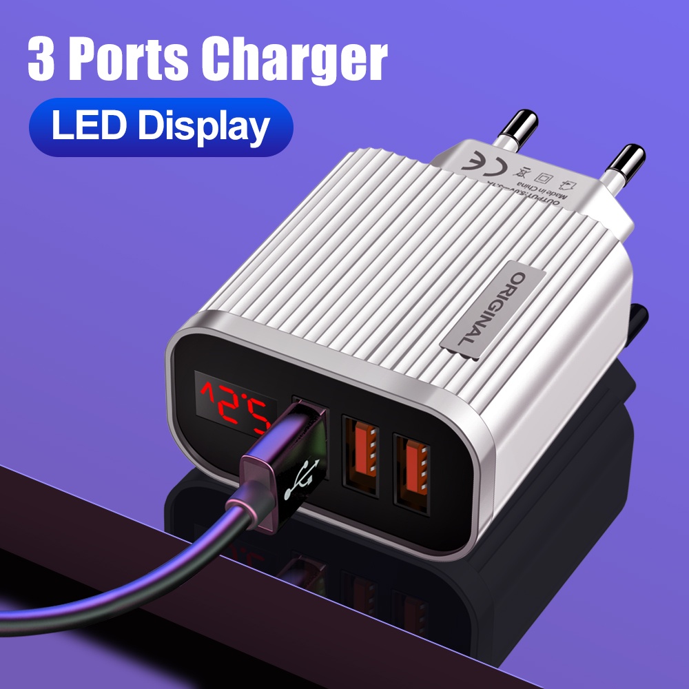 5v 3.1A Digital Display Charger 3port QC3.0 Ponsel Adaptor Daya Dinding Dengan Display LED Pengisian Cepat Adaptor Perjalanan