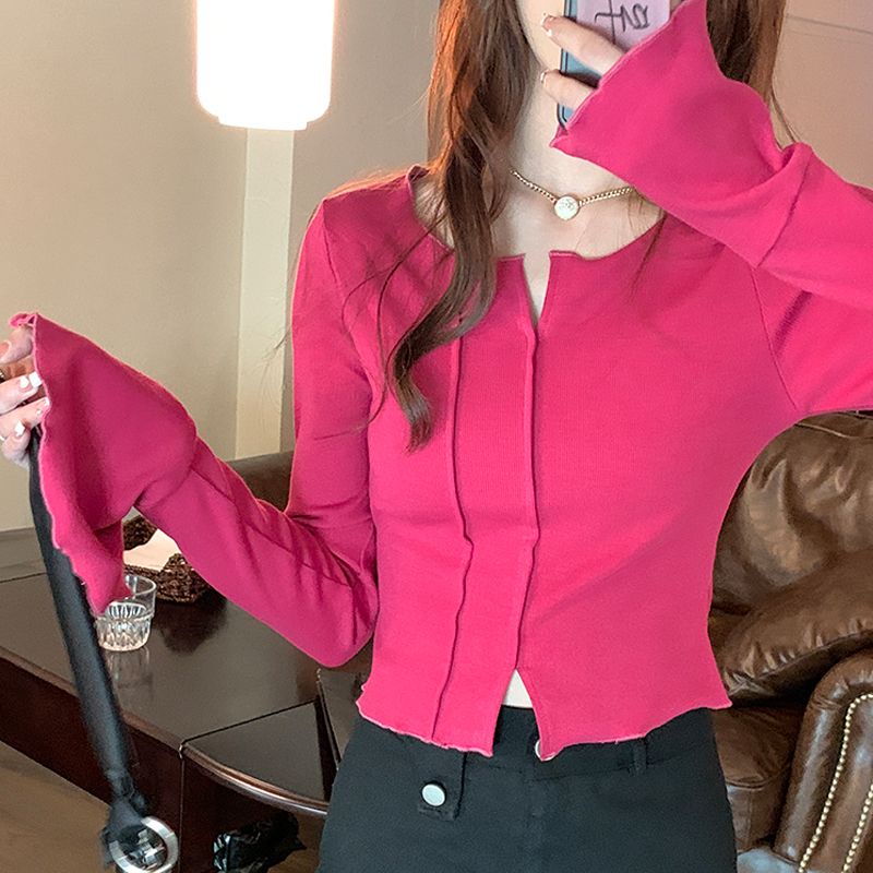 Red Rajutan bottoming kemeja wanita musim gugur dan musim dingin manis gadis panas desain rasa budidaya keinginan murni gaya chic mawar merah atasan lengan panjang celah