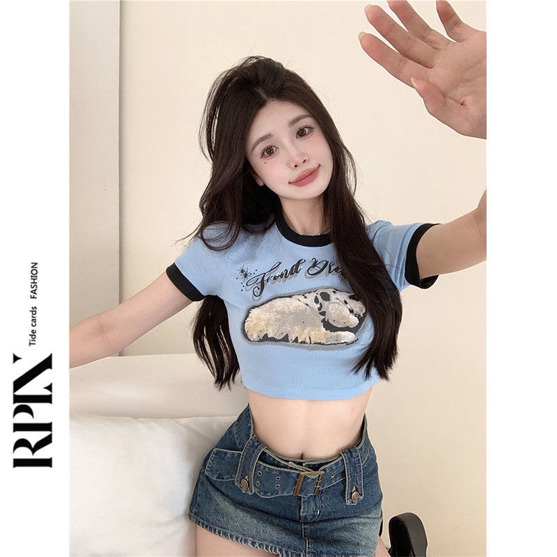 Red RPIN Hong Kong gaya kontras warna putih lengan pendek t-shirt perempuan kecil ramping ramping bagian pendek pusar keinginan murni angin atas pasang