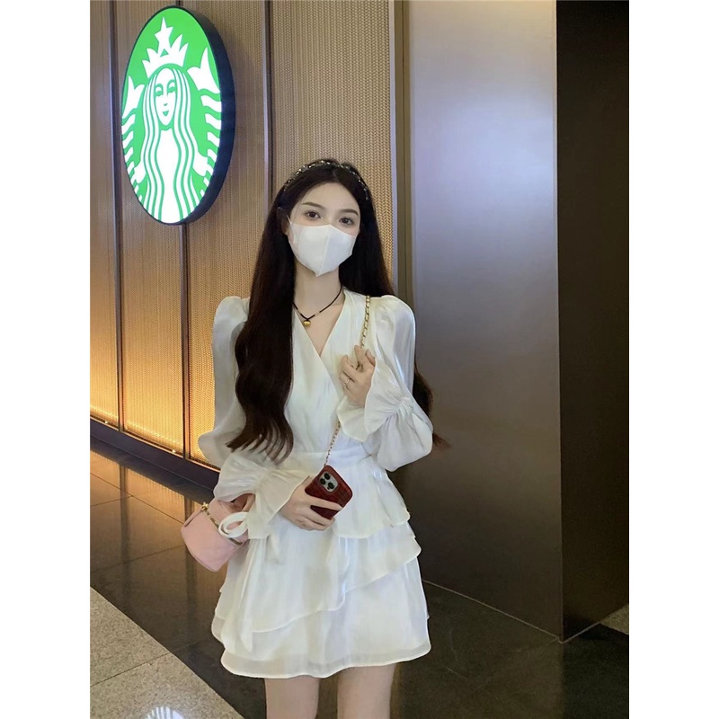 Red Kumikumi French white long-sleeve dress 2023 spring new high-quality small first love skirt girl