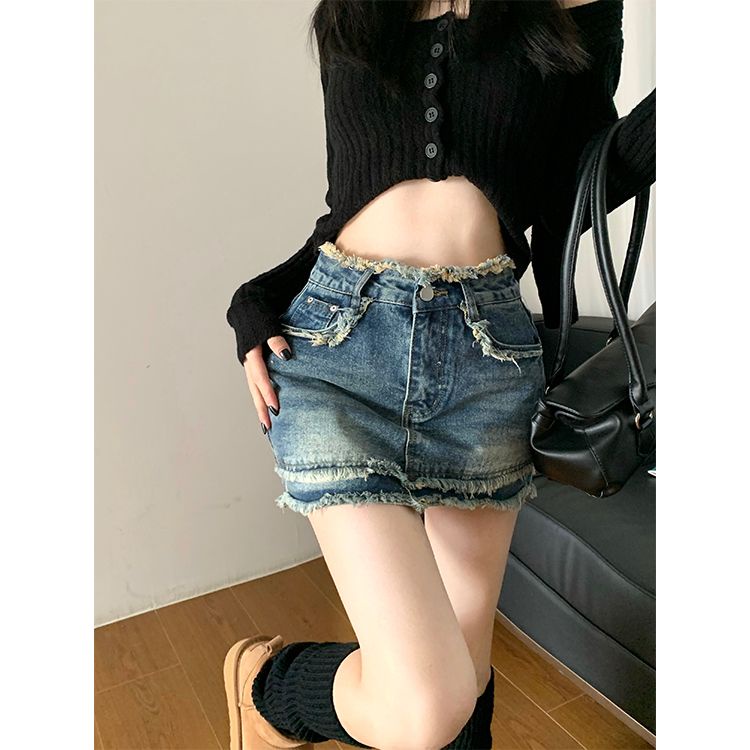 Red American retro raw edge denim rok wanita musim panas baru hot gadis tas pinggul rok rok A-line rok ins pasang