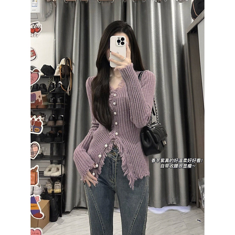 Red Ungu bertepi mentah V-neck sweater wanita musim semi dan musim gugur budidaya diri pelangsingan rasa desain niche chic awal musim semi rajutan cardigan top