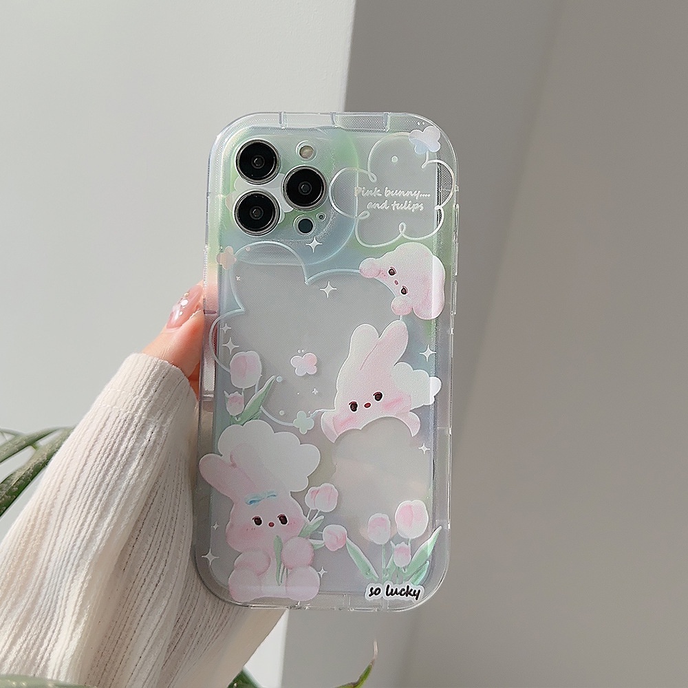 IPHONE Cute Pink Bunny Kelinci Musim Semi Kerang Pola Transparan Shockproof Casing Ponsel Cover Untuk Iphone11 12 13 14 PLUS PRO MAX