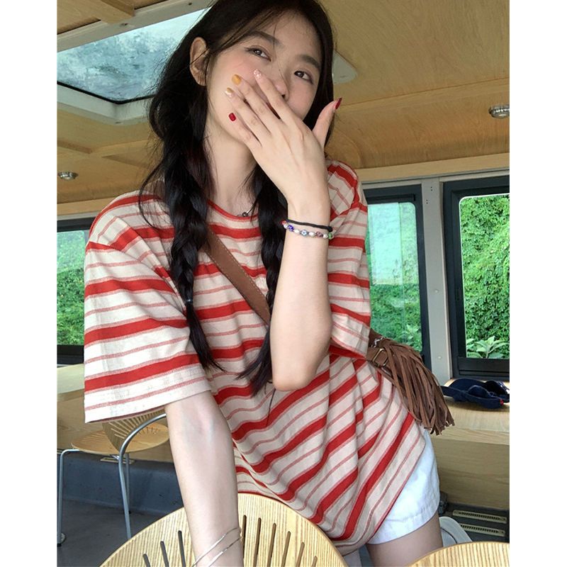Red T-shirt lengan pendek wanita musim panas bergaris merah Jepang katun murni versi Korea longgar ramping perguruan angin atas olahraga