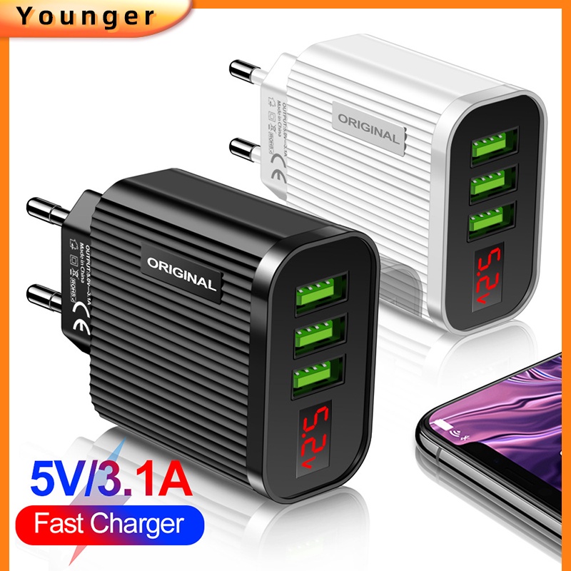 5v 3.1A Digital Display Charger 3port QC3.0 Ponsel Adaptor Daya Dinding Dengan Display LED Pengisian Cepat Adaptor Perjalanan