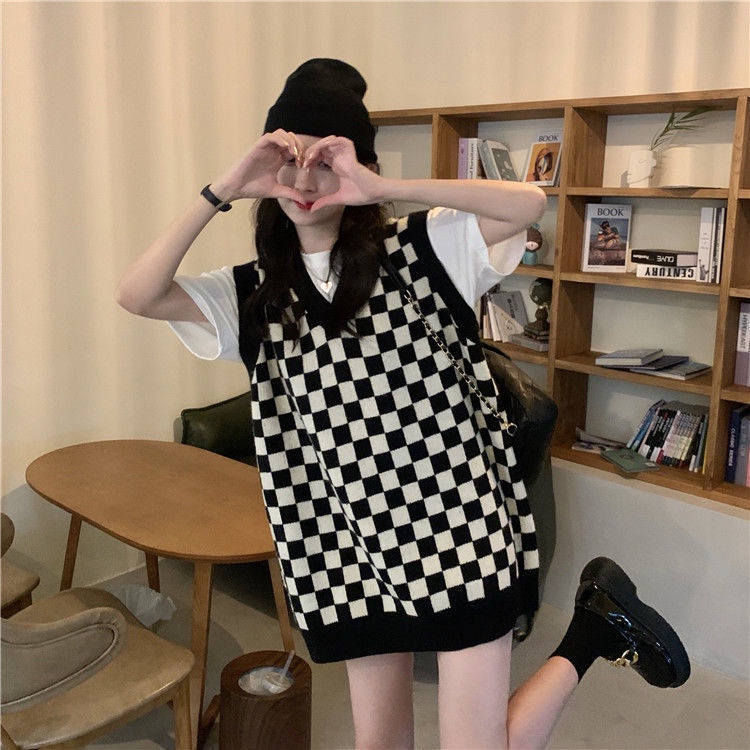 Knit Vest Wanita Casual Sleeveless Kotak Kotak Baju Atasan Wanita Kekinian