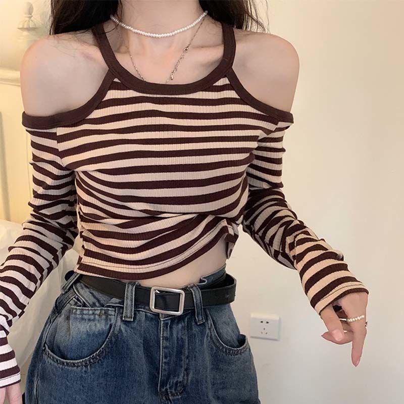 Red Bergaris off-the-shoulder pendek halter top kepribadian pakaian wanita rasa desain ceruk musim semi dan musim gugur keinginan murni angin lengan panjang T-shirt in