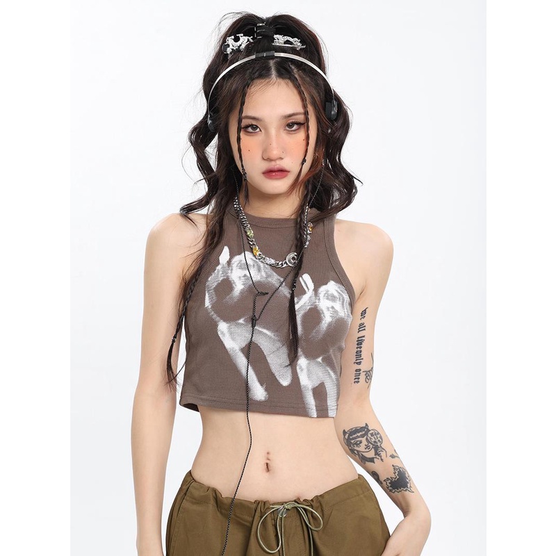 Red Gaya amerika kepribadian pencetakan hot gadis tanpa lengan rompi perempuan ceruk desain warna solid rasa pusar tanpa lengan t-shirt tanpa lengan