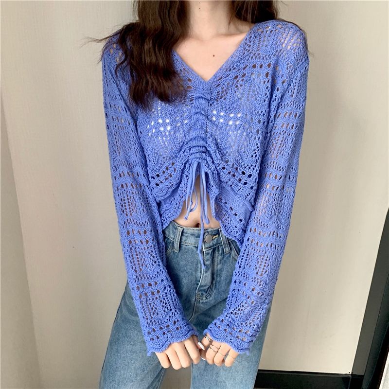 Red Xiaoxiangxiang Hollow V-Leher Lengan Panjang Rajutan Sweater Wanita 2021 Baru Musim Semi dan Musim Gugur Bagian Tipis Longgar Serut Sun Protection Top