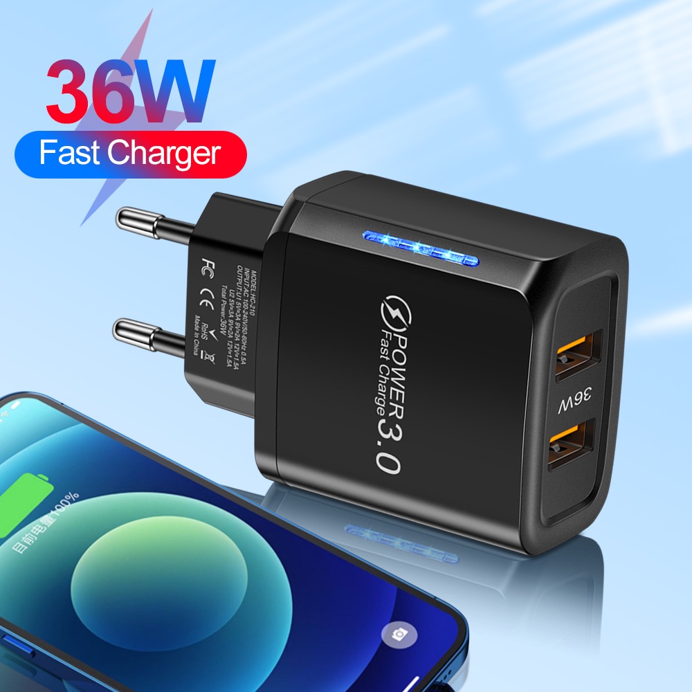 36w Pengisian Cepat Dual USB Type C Charger Ponsel QC3.0 Adaptor Daya Pengisian Cepat Charger Dinding Dengan Lampu