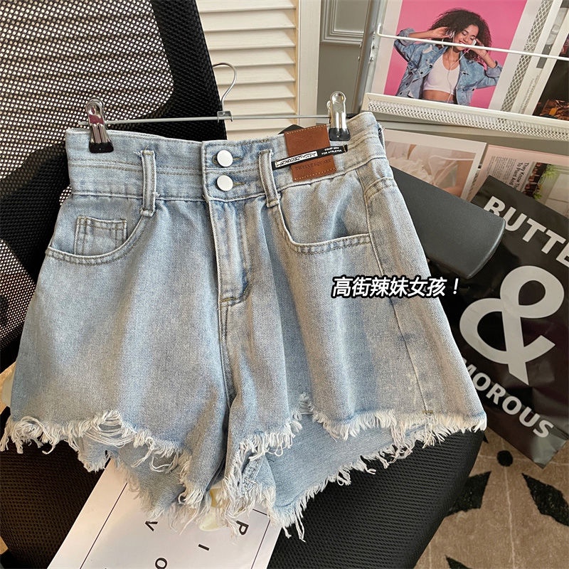 Red Celana pendek denim robek berpinggang tinggi wanita musim panas baru longgar ukuran besar berkaki lebar tipis a-line tepi mentah pendek hot pants in pasang