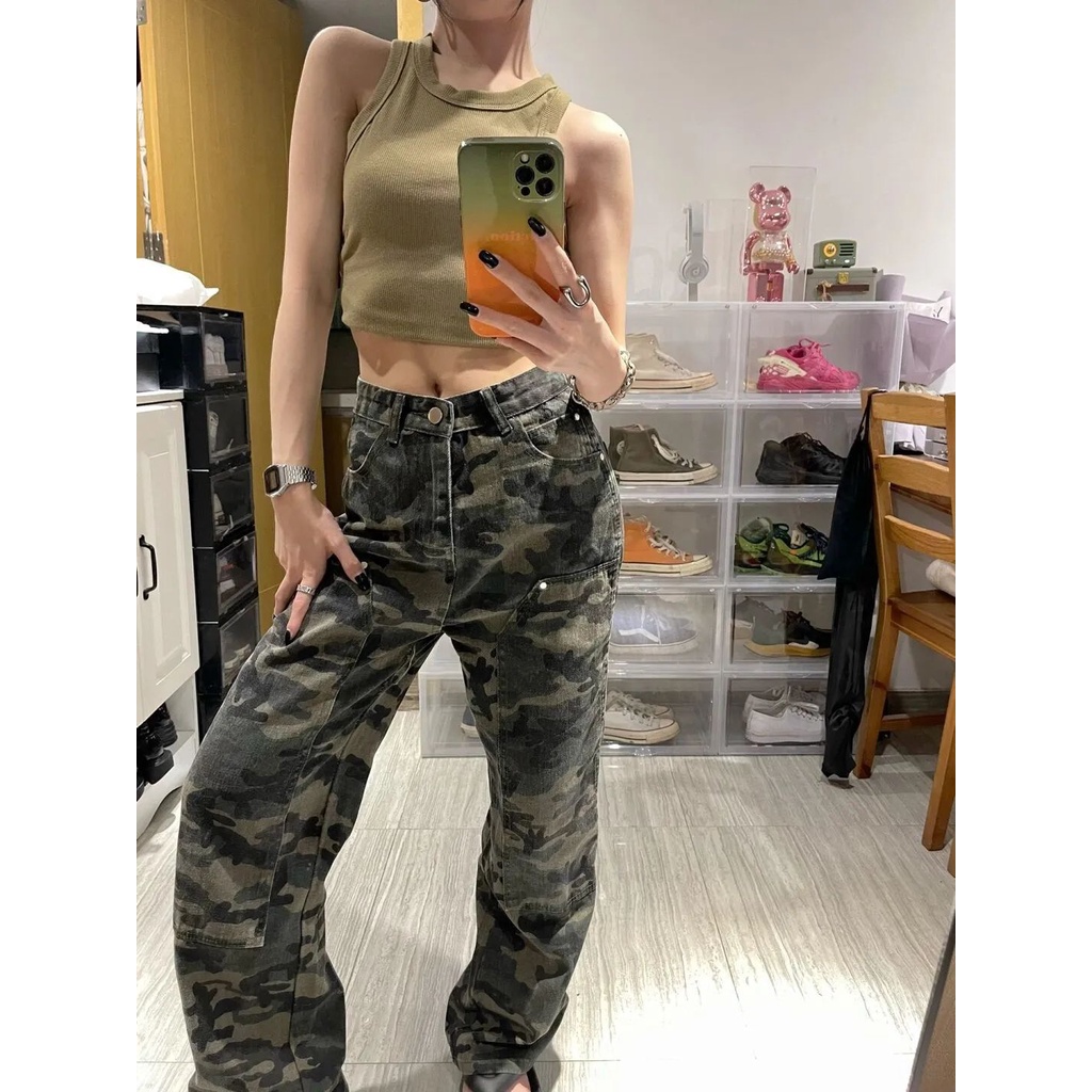 Red Celana jeans kamuflase hijau tentara wanita musim panas in high street versi Korea longgar baru slim tie-dye lurus lebar kaki celana