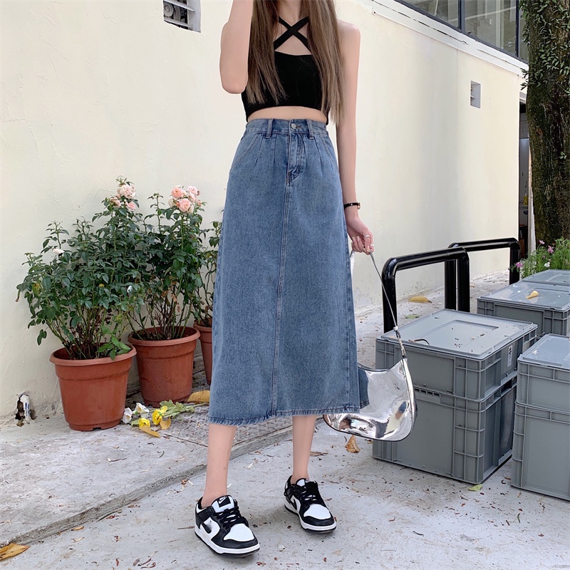 EUNII Korean Style A-line Skirt Midi Slit Rok Denim Panjang Wanita High Waist Skirt