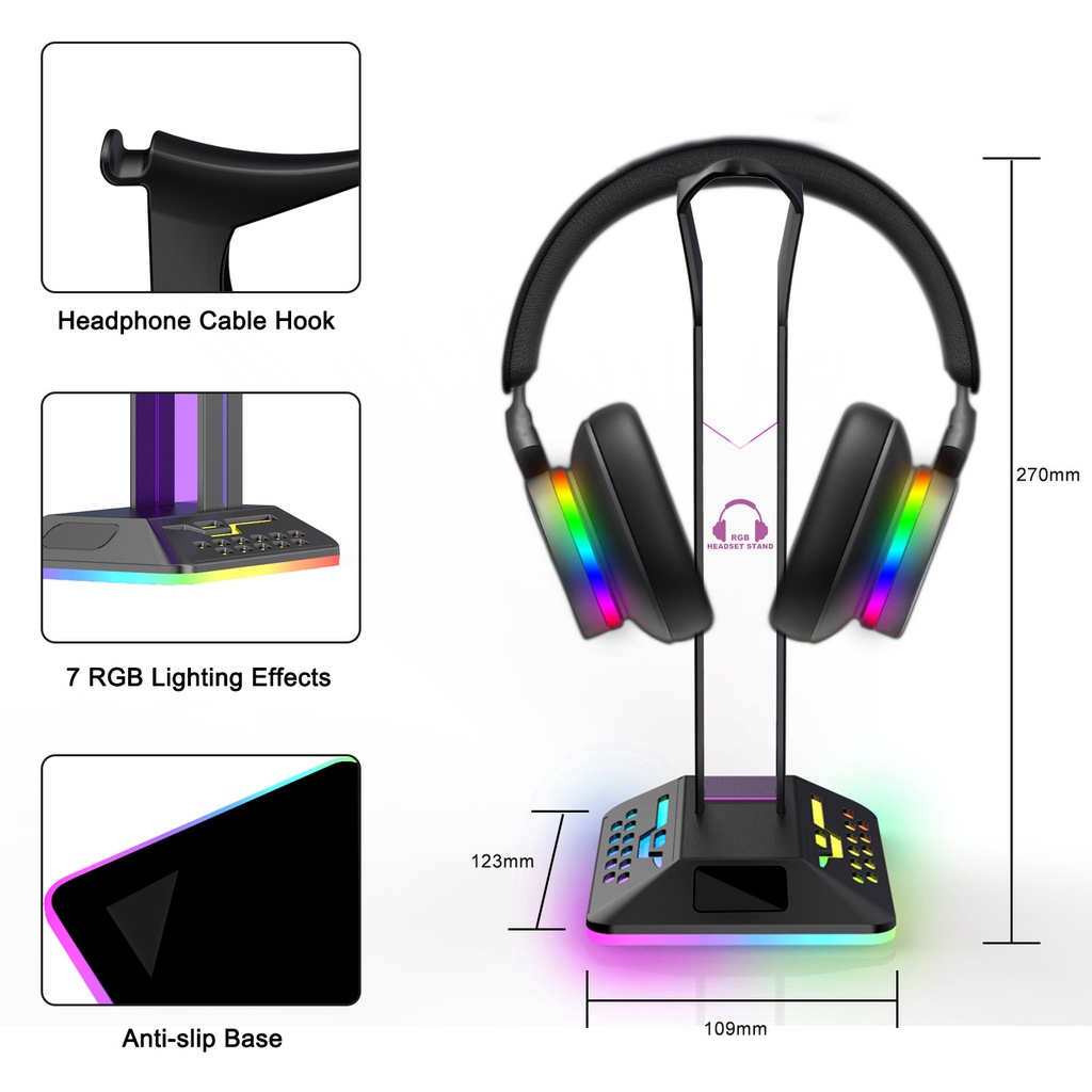 Gaming Headphone Stand Holder LED RGB 2 USB HUB Portable Gantungan Headset Multi-Color Flowing Light &amp; Single-Color Breathing Light Rechargable Earphone Hanger Bracket Phone Holder