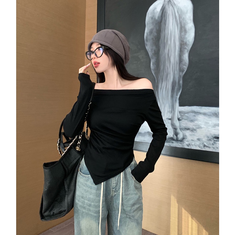 Red Hot girl rasa desain one-shoulder inner wear wanita musim semi pendek slim lengan panjang t-shirt off-shoulder hitam bottoming shirt top