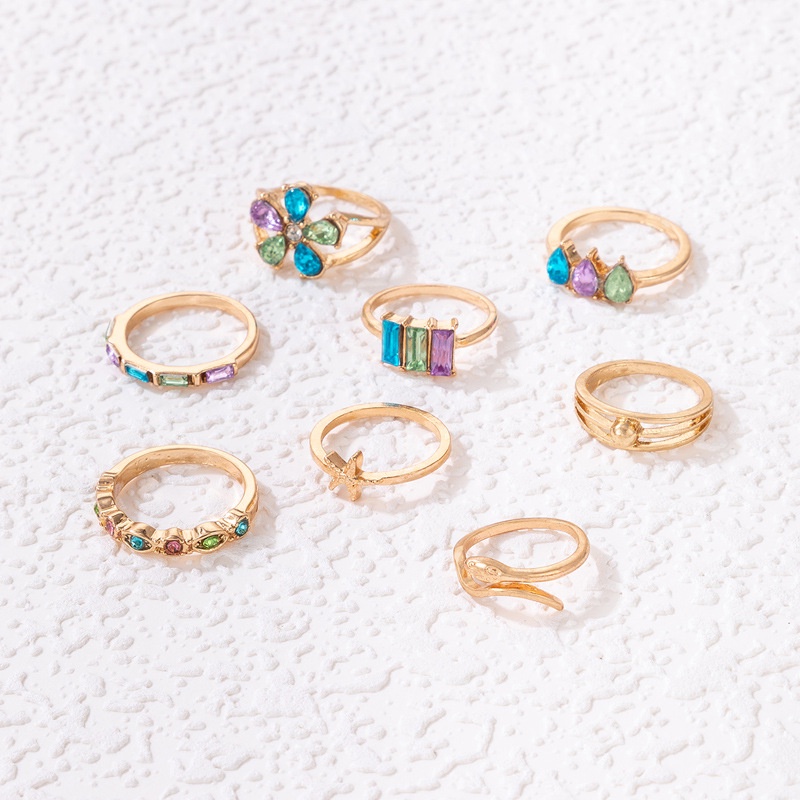 Baru Boho Trendi Warna-Warni Berlian Imitasi Bunga Cincin Set Untuk Wanita Ular Shell Bintang Laut Geometris Rings Pesta Perhiasan