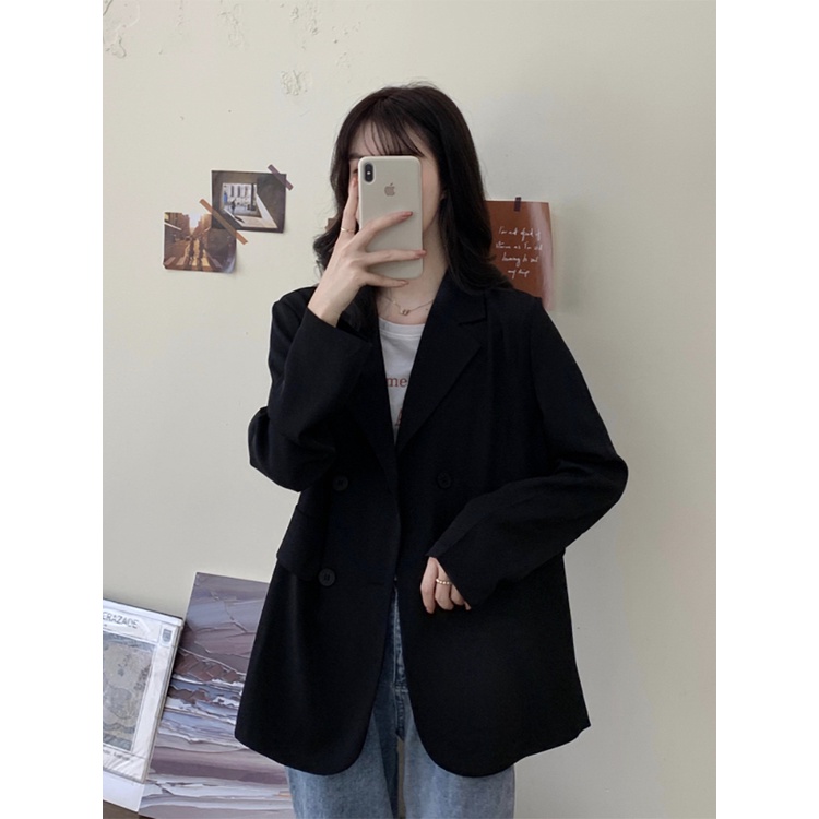 EUNII Blazer Fashion Wanita Hitam Lengan Panjang Retro Jaket Minimalis Korea Style