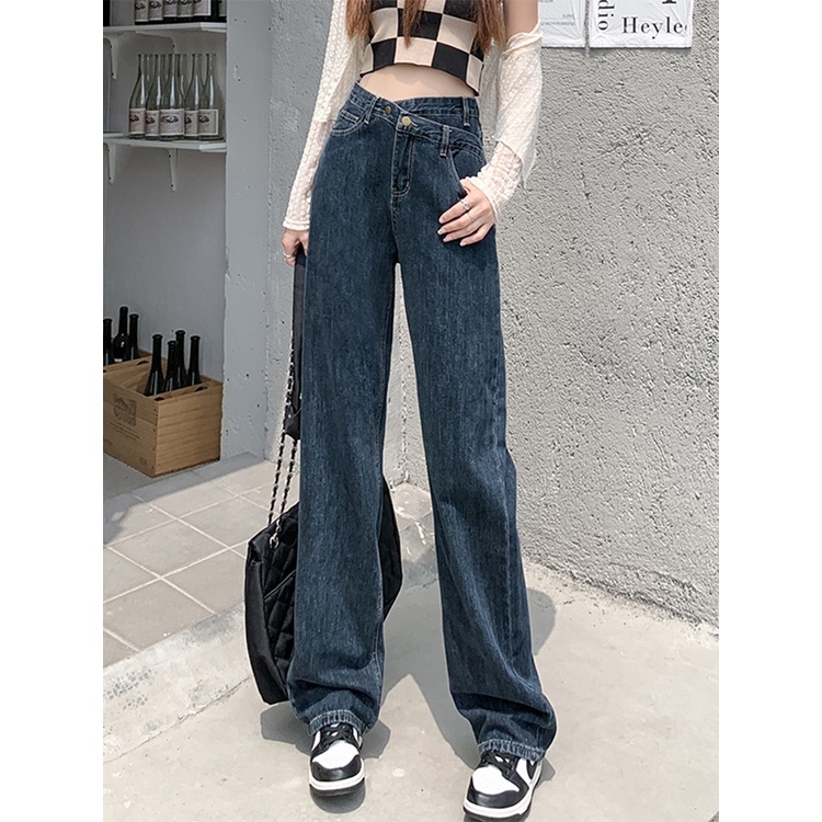 EUNII Celana Jeans Wanita Retro Boyfriend High Waist Korean Style