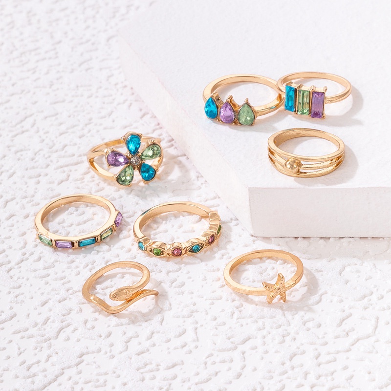 Baru Boho Trendi Warna-Warni Berlian Imitasi Bunga Cincin Set Untuk Wanita Ular Shell Bintang Laut Geometris Rings Pesta Perhiasan