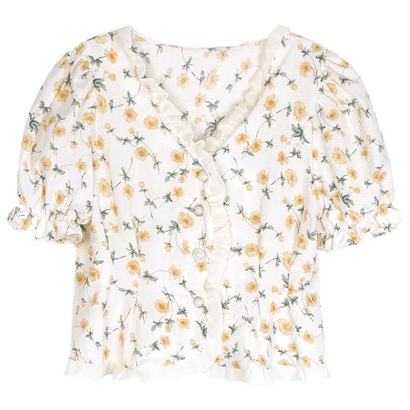 Floral Short Top Chic Shirt Summer Loose N-Neck Lengan Pendek Kemeja Tipis Wanita