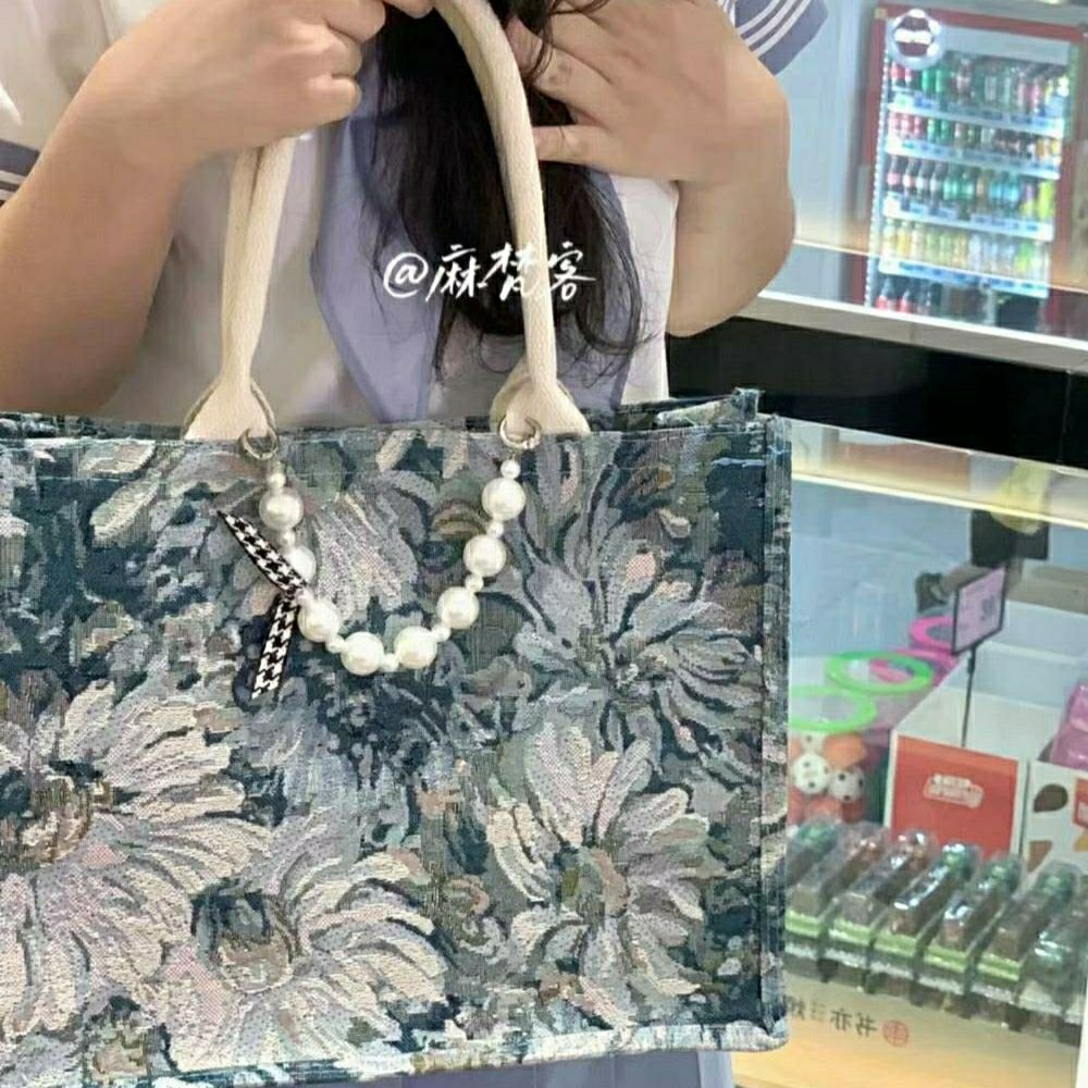 Sera Mavanke Monet Garden Linen Bag Oil Painting Retro Tote Bag Kapasitas Besar Belanja Kencan Bekerja Komuter Tahan Air