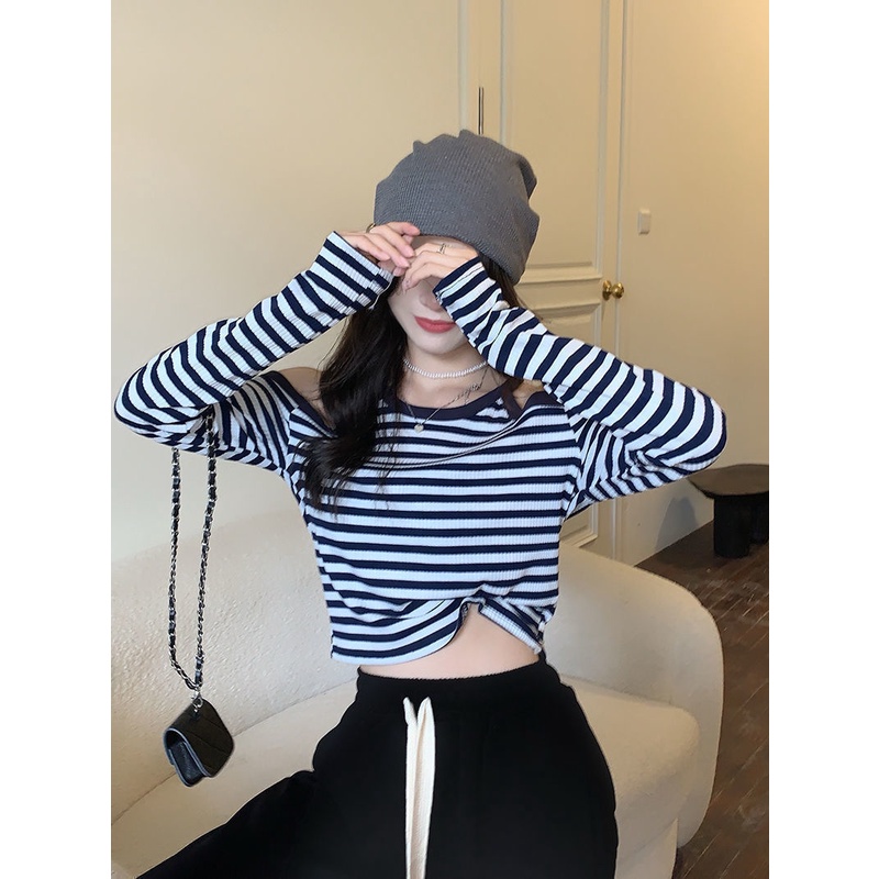 Red Bergaris off-the-shoulder pendek halter top kepribadian pakaian wanita rasa desain ceruk musim semi dan musim gugur keinginan murni angin lengan panjang T-shirt in