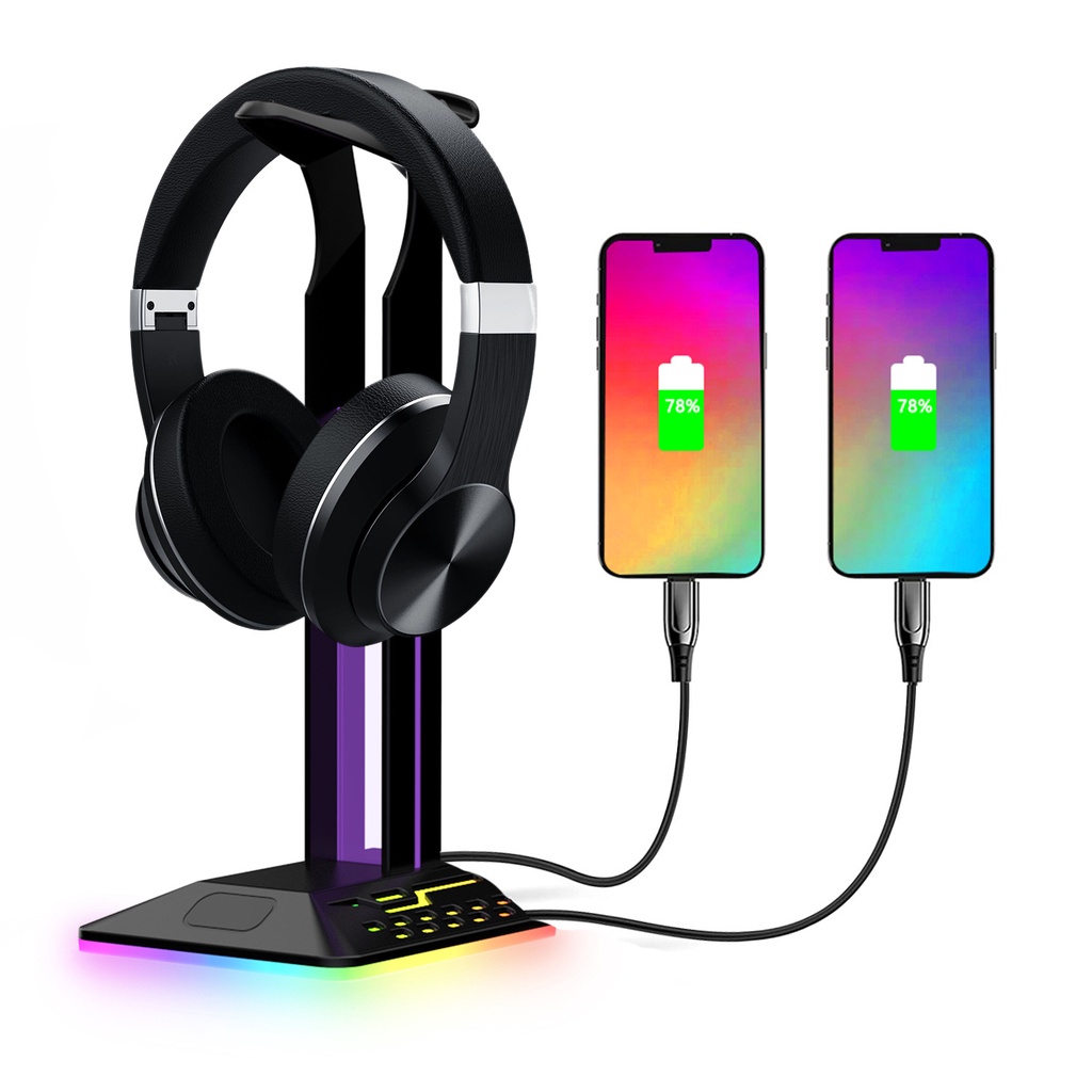 Gaming Headphone Stand Holder LED RGB 2 USB HUB Portable Gantungan Headset Multi-Color Flowing Light &amp; Single-Color Breathing Light Rechargable Earphone Hanger Bracket Phone Holder