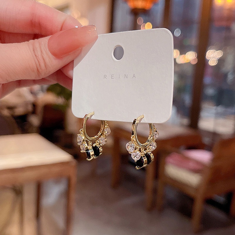 Fashion Mewah Anting Zirkon Kristal Hitam925 Perak Jarum Telinga Gesper