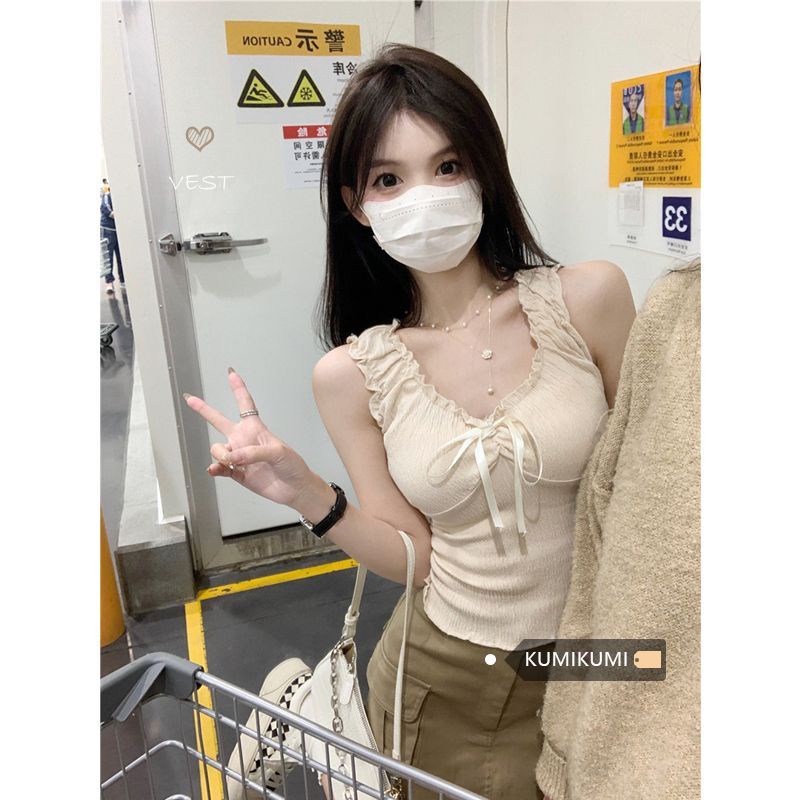 Red Rompi all-match wanita hot girl gaya keinginan murni dengan lipit jamur busur musim semi dan musim panas tanpa lengan pendek bagian dalam