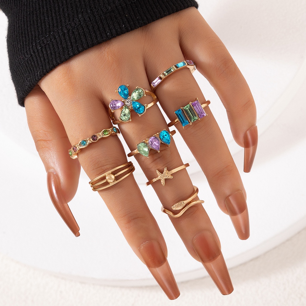 Baru Boho Trendi Warna-Warni Berlian Imitasi Bunga Cincin Set Untuk Wanita Ular Shell Bintang Laut Geometris Rings Pesta Perhiasan