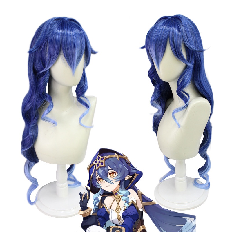 Genshin Sumeru Leila cos Wig Campuran Warna Biru Gradasi Rambut Keriting Panjang Gradient Double Ponytail cosplay Anime Tutup Kepala