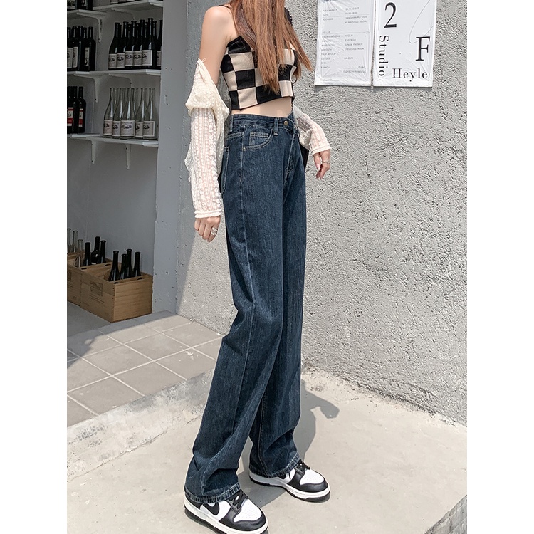 EUNII Celana Jeans Wanita Retro Boyfriend High Waist Korean Style