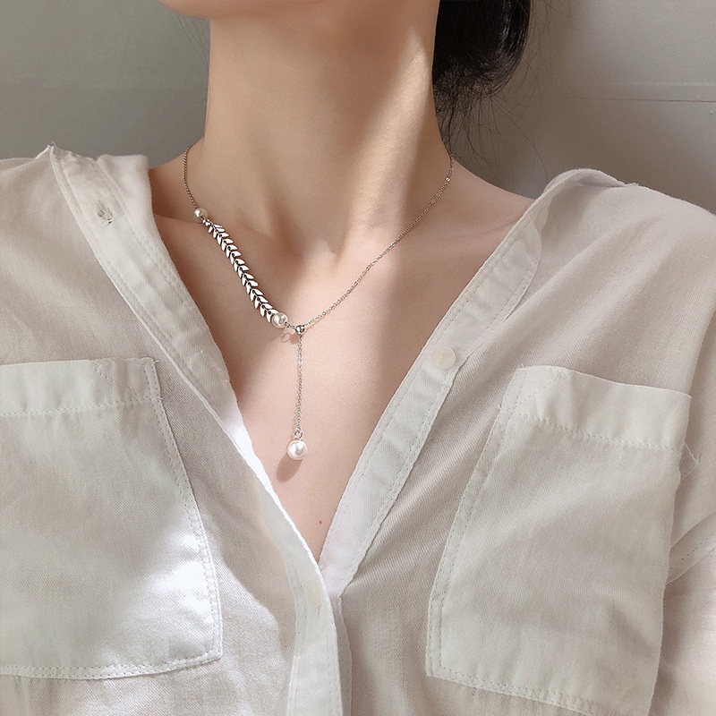 Goldkingdom Fashion Perhiasan Aksesoris Ready Stock Perak Disepuh Telinga Gandum Mutiara Kalung Rantai Wanita Kerah Rantai Desain Kecil Rasa Cahaya Mewah