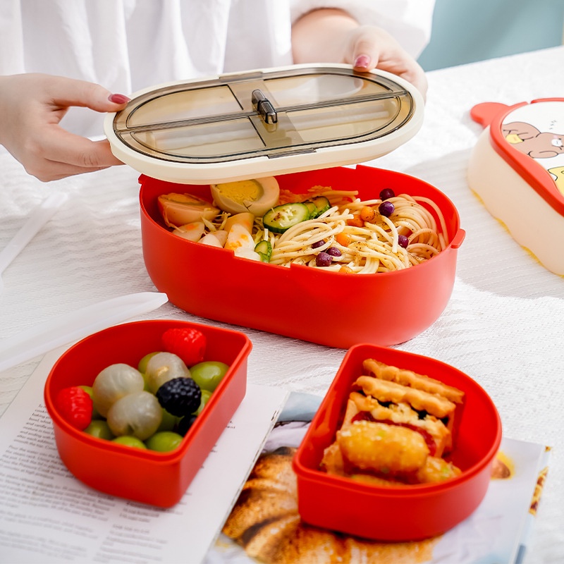 Stainless steel lunch box Kartun Double layer Siswa Kotak Makan Anak Sendok Garpu Sekat microwave oven bento box