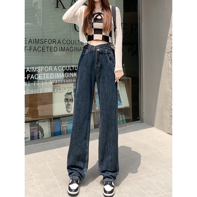 EUNII Celana Jeans Wanita Retro Boyfriend High Waist Korean Style