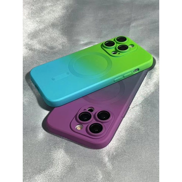 Rainbow Gradient Magsafe Suction Silicone Soft Case untuk iPhone 11 12 13 14 Pro Max dengan Pelindung Lensa 12 Pro Max Anti-Fingerprint Anti-Keringat Frosted Soft Phone Case