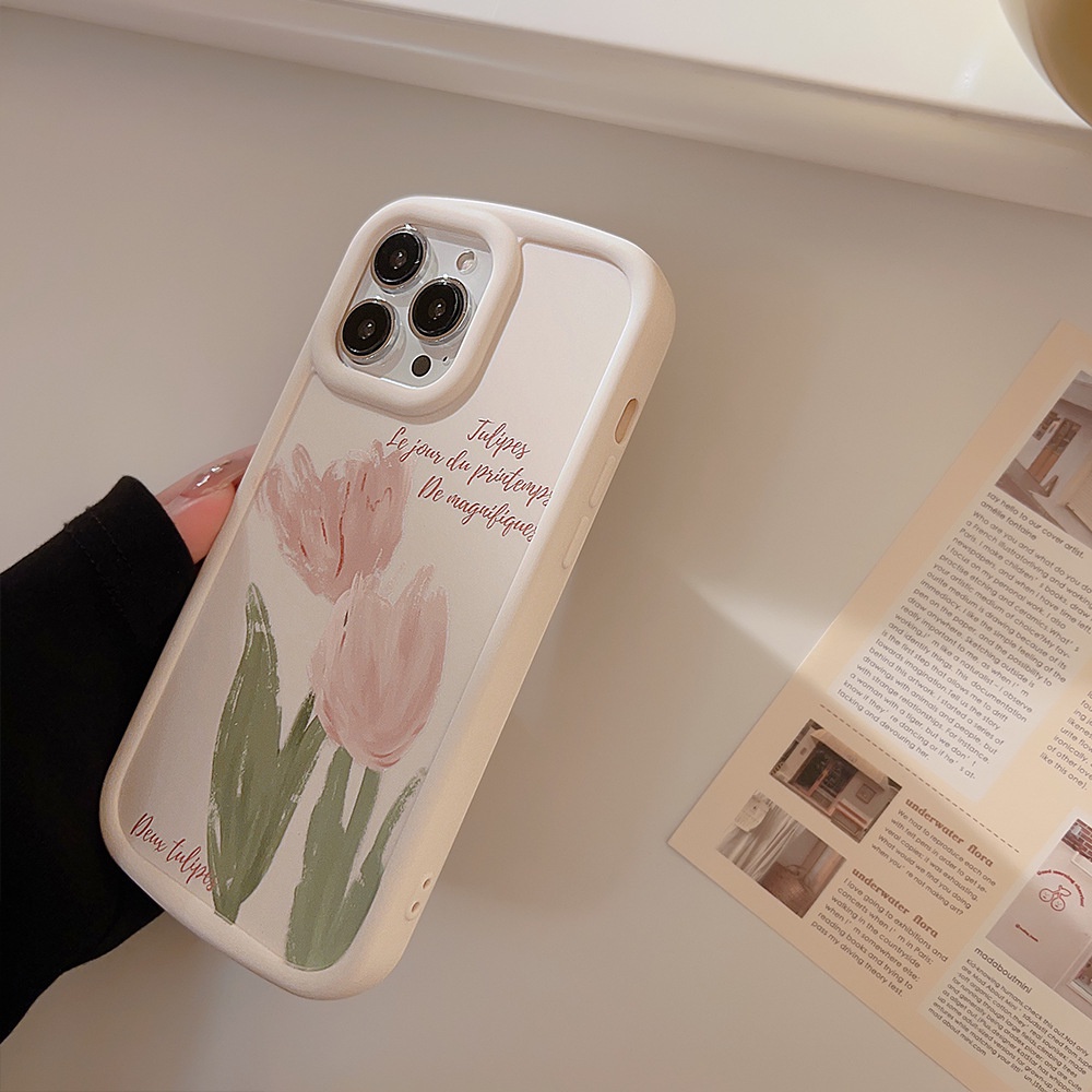 IPHONE Ins Pink Tulips Case Silikon Untuk Iphone14 11 12 13 PRO MAX Casing Cover Pelindung AT0107