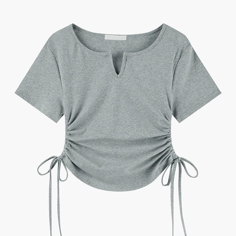 Red "V-neck/round neck" warna solid lengan pendek t-shirt musim panas wanita slim fit dan desain slim serut hot girl atasan trendi