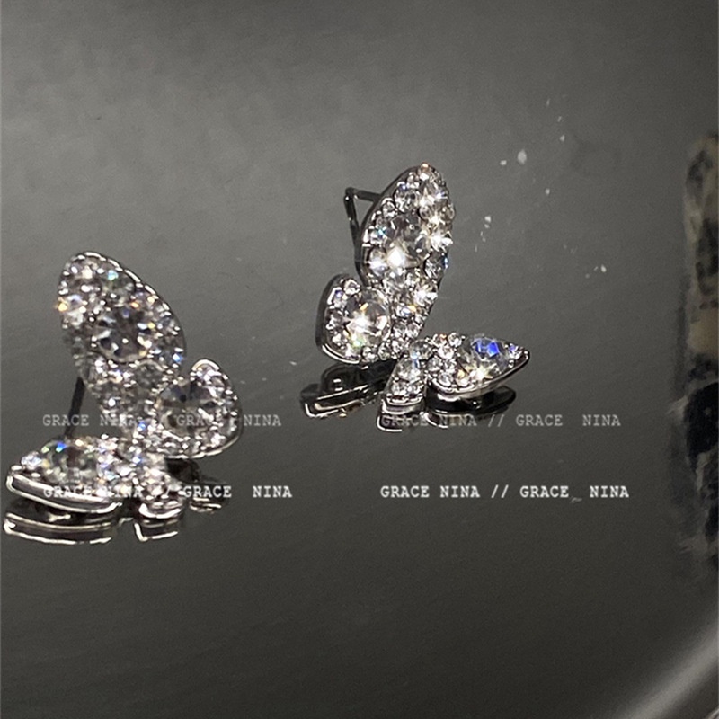 Anting Tusuk Silver Anting Kupu-Kupu Zircon Mewah Untuk Perhiasan Aksesoris Wanita