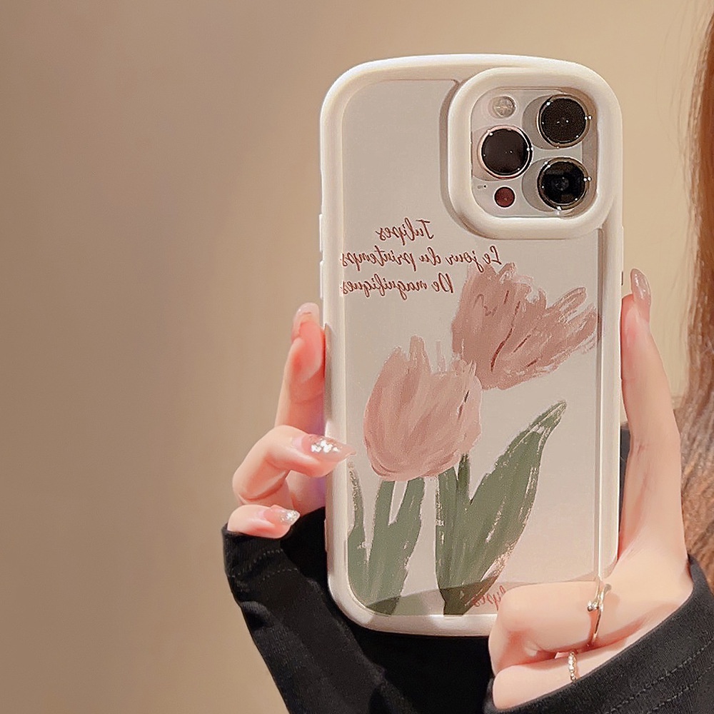 IPHONE Ins Pink Tulips Case Silikon Untuk Iphone14 11 12 13 PRO MAX Casing Cover Pelindung AT0107