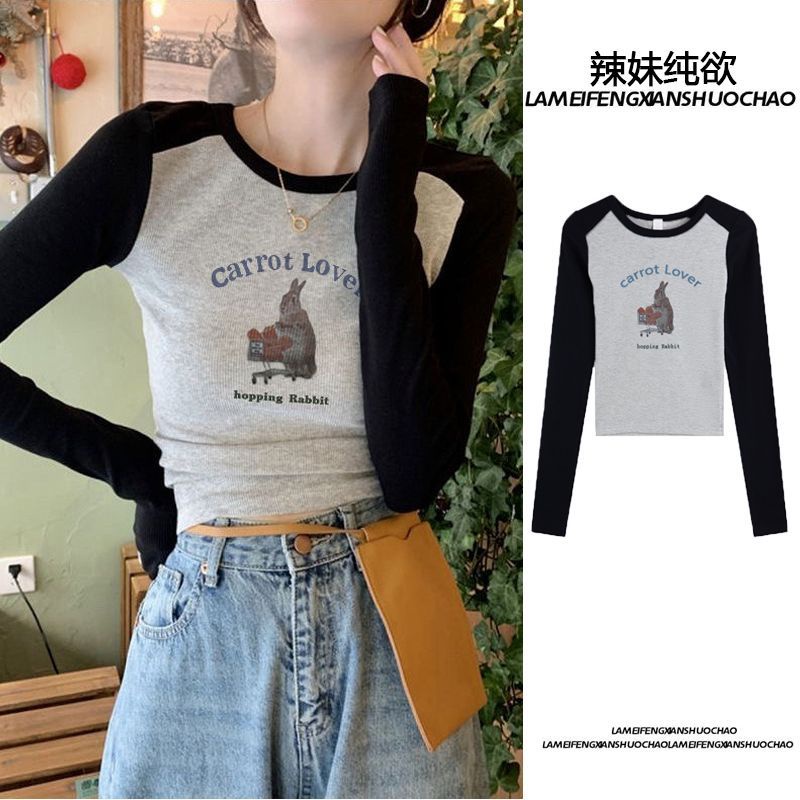 Red Retro Kartun Lengan Panjang T-shirt Wanita Ribbed Musim Semi dan Musim Gugur Gadis Panas Diri Budidaya Baru Bottoming rasa Desain Niche Top