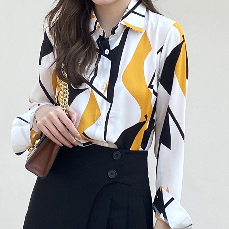 Fashion Korea Hitam Kuning Merah Kain Bernapas Sifon Berkualitas Tinggi Kemeja Lengan Panjang Wanita Atasan Kasual Work OL Women Long Sleeve Chiffon Shirt Black Yellow Red