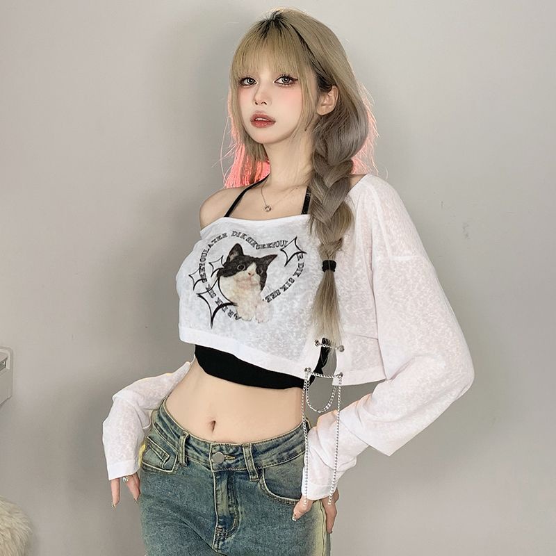 Red Tabir Surya Pakaian Wanita Dua Potong 2023 Musim Panas Lengan Panjang T-shirt Longgar Menggantung Leher Manis Gadis Panas Pendek top AC Cover