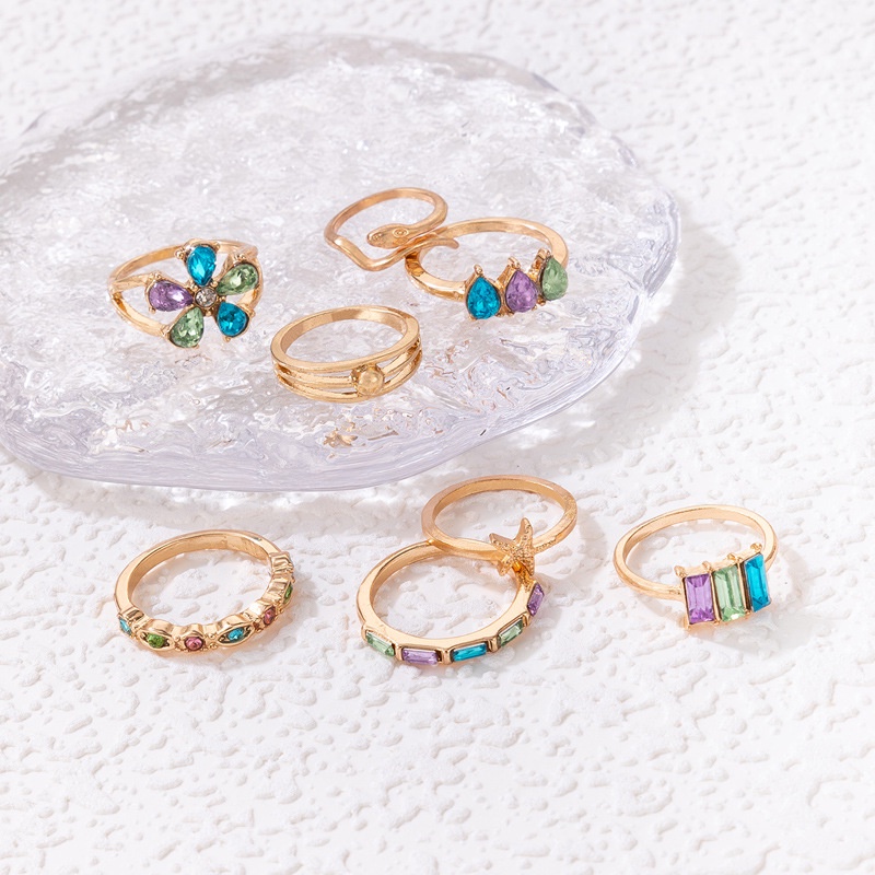 Baru Boho Trendi Warna-Warni Berlian Imitasi Bunga Cincin Set Untuk Wanita Ular Shell Bintang Laut Geometris Rings Pesta Perhiasan