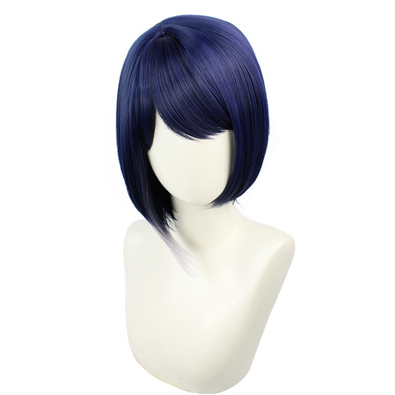 Genshin Impact Nine Strips COS Wig Rice Ball Head cosplay Rambut Palsu Biru Tua Gradiasi Abu-Abu Wig