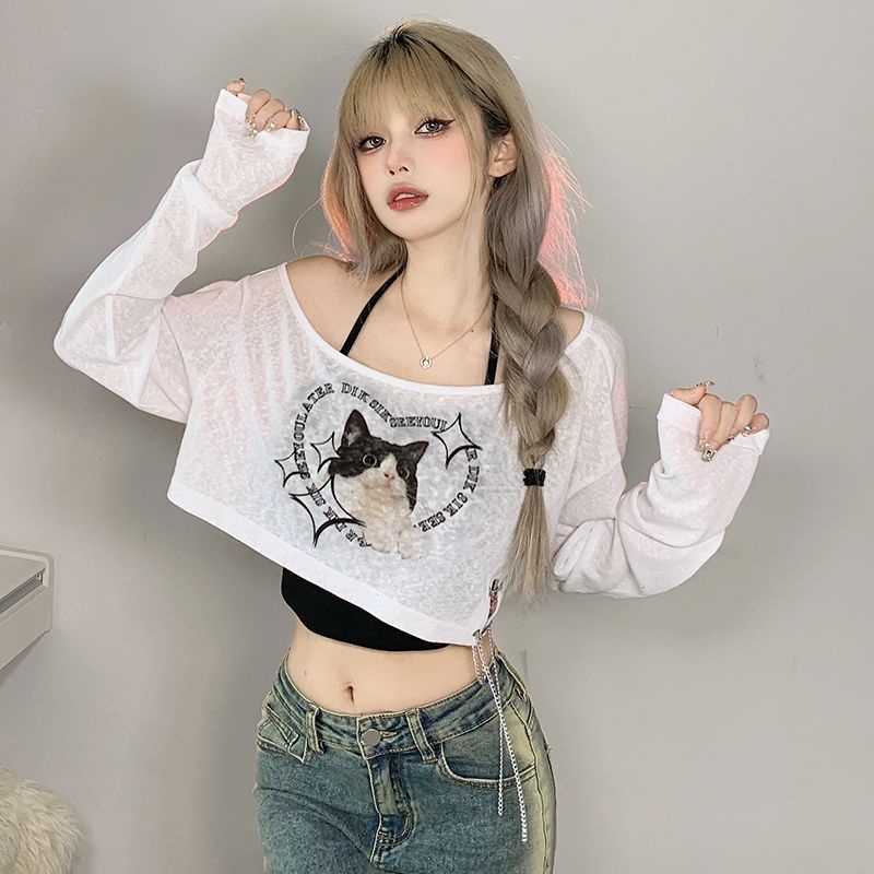 Red Tabir Surya Pakaian Wanita Dua Potong 2023 Musim Panas Lengan Panjang T-shirt Longgar Menggantung Leher Manis Gadis Panas Pendek top AC Cover