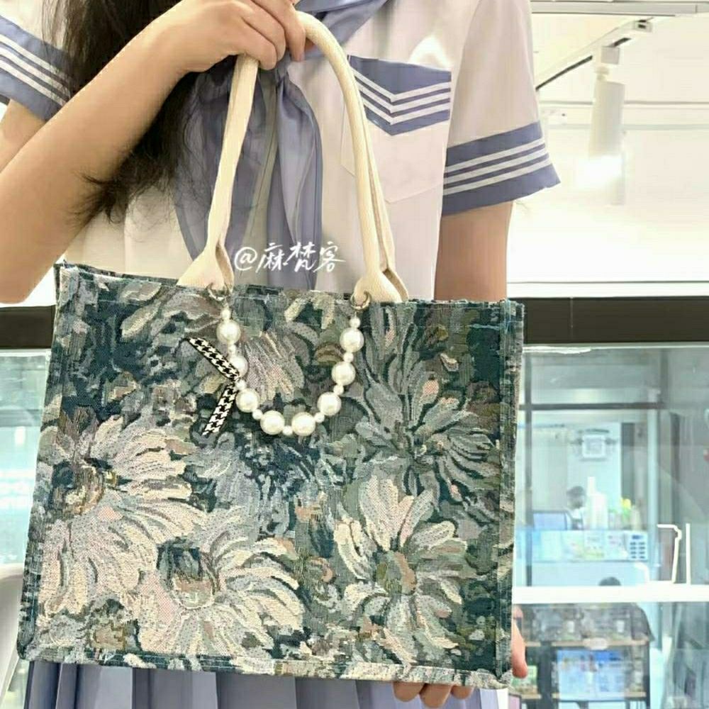 Sera Mavanke Monet Garden Linen Bag Oil Painting Retro Tote Bag Kapasitas Besar Belanja Kencan Bekerja Komuter Tahan Air