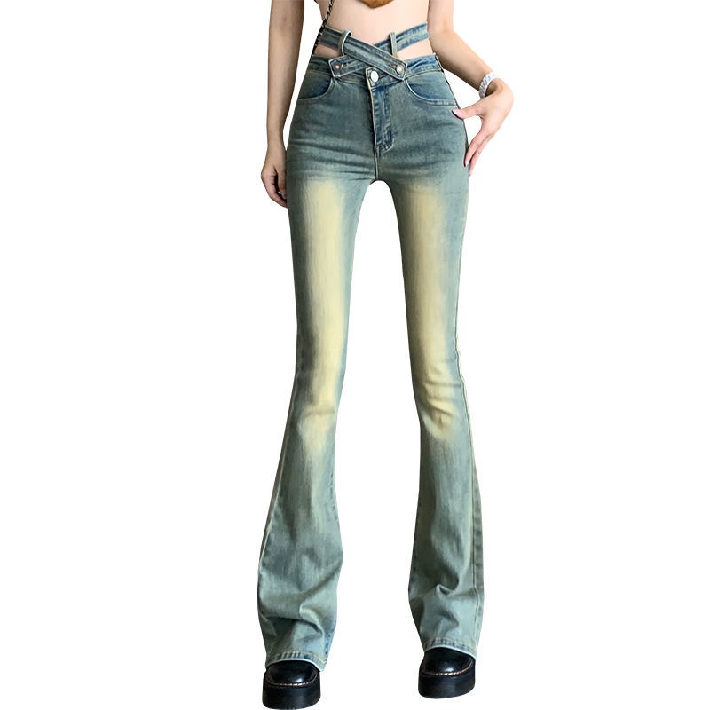 Red Retro Spice Girls Crossover High Waist Lace-Up Jeans Wanita Musim Panas Bagian Tipis Ramping Desain Ramping Rasa Mengepel Celana Horseshoe