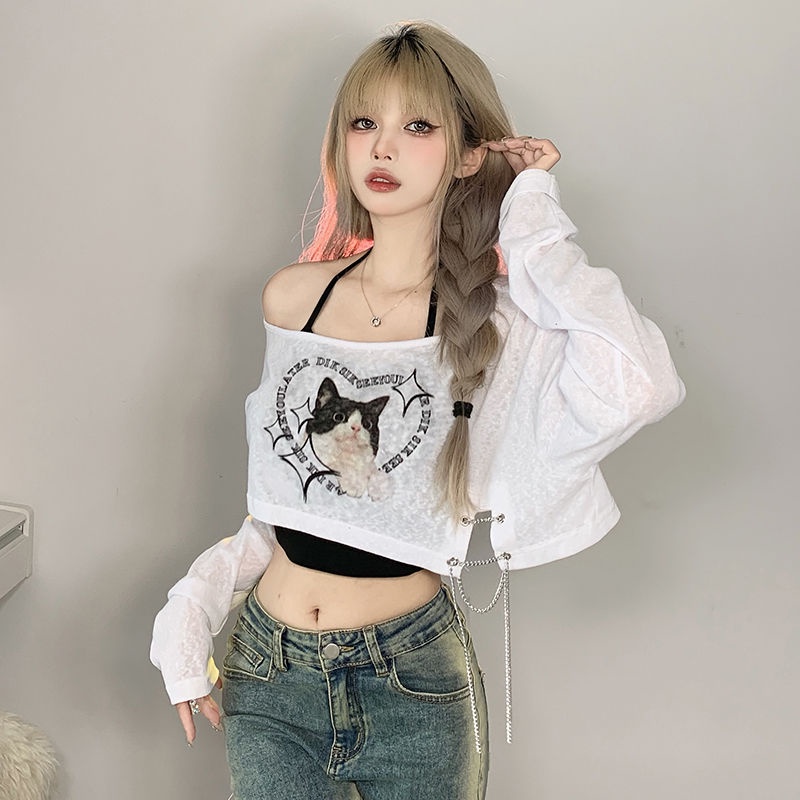 Red Tabir Surya Pakaian Wanita Dua Potong 2023 Musim Panas Lengan Panjang T-shirt Longgar Menggantung Leher Manis Gadis Panas Pendek top AC Cover